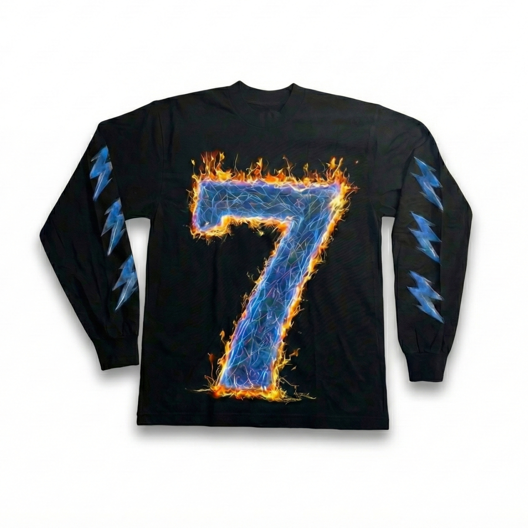 Black long-sleeve shirt with a fiery number '7' design on a white background